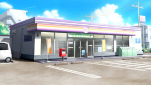 青空の下にあるコンビニエンスストアの外観イラスト